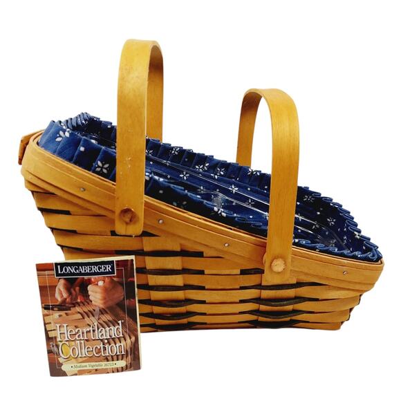 Longaberger Medium Vegetable Basket Slanted w/ Double Handles Blue Liner Divided - Picture 1 of 14